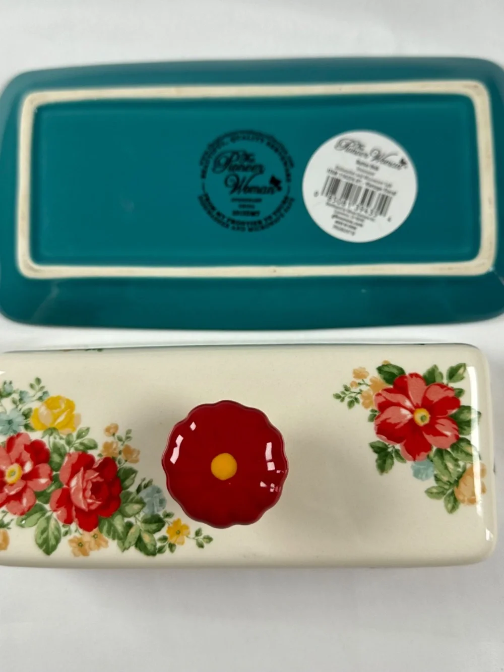 The Pioneer Woman Vintage Floral Butter Dish Stoneware Ceramic Red Teal Yellow